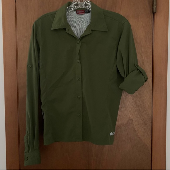 Women’s M SHERPA ADVENTURE GEAR Olive Green Long Sleeve Tab Up Button Shirt EXC - Picture 4 of 16
